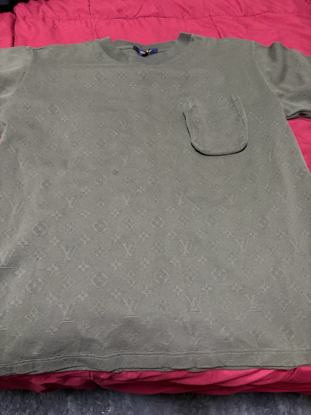 Louis Vuitton Men's Olive Green Crewneck Sweater with Monogram Pocket